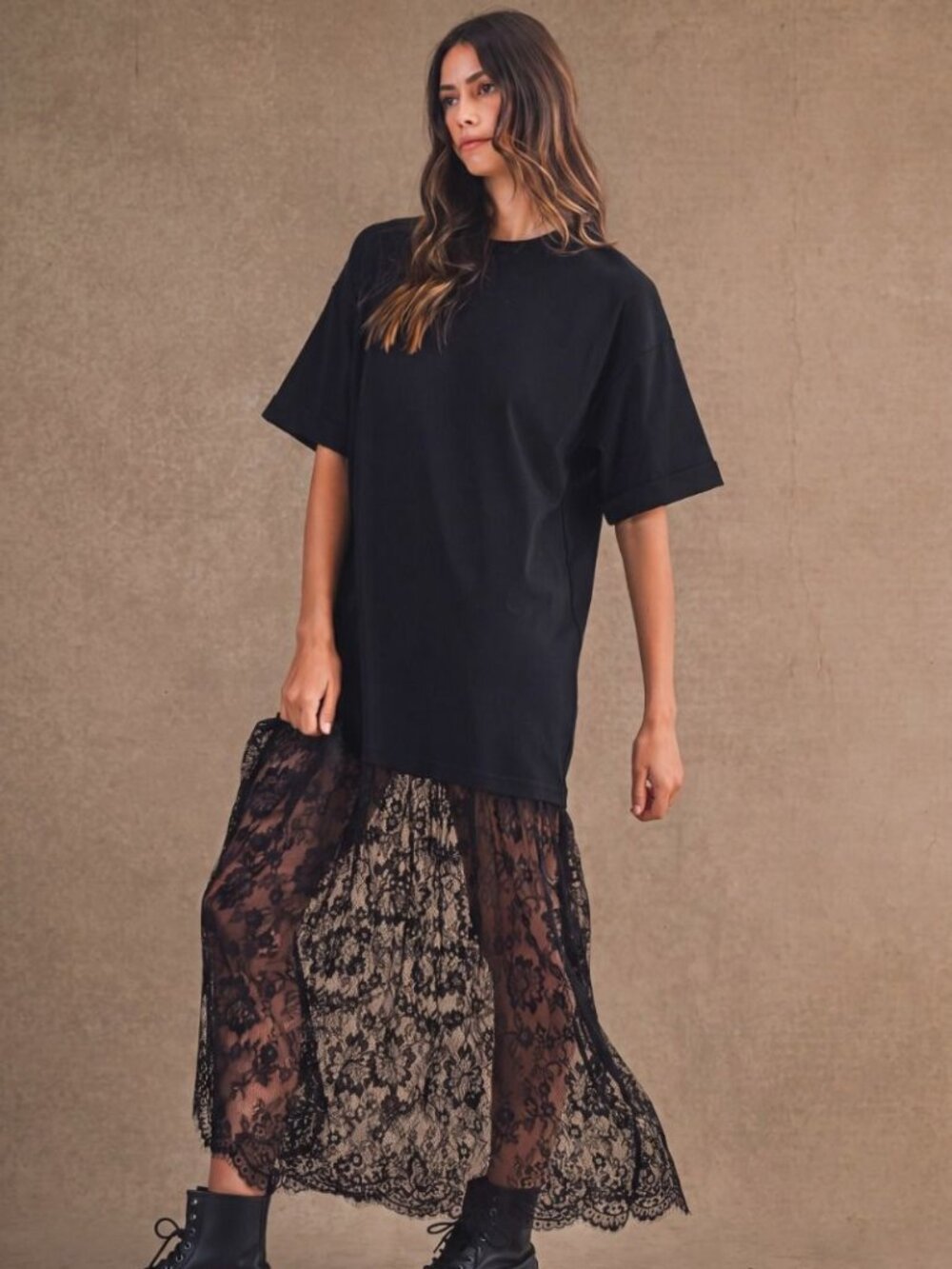 NWT SML Black Oversized short sleeve T shirt style maxi dress sheer lace skirt